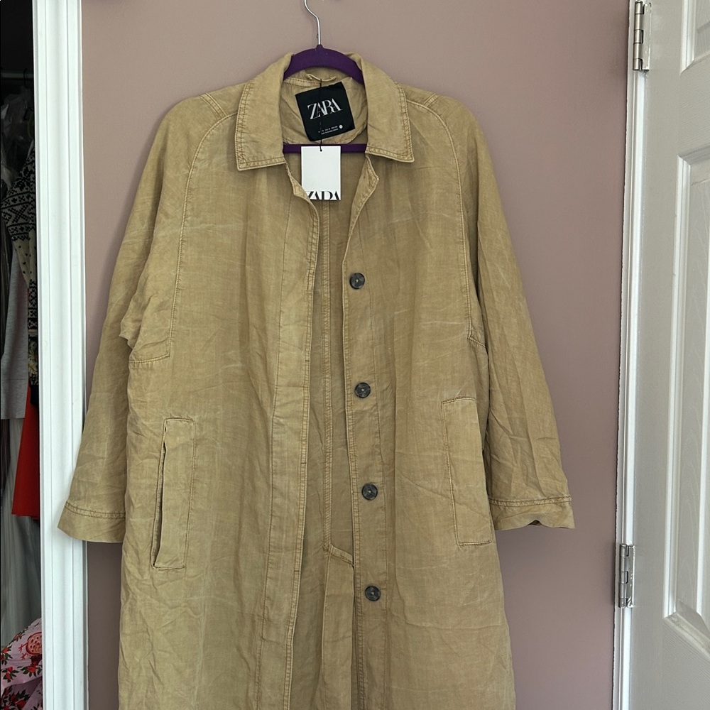 NWT Zara ZW Collection Fluid Washed Trench Coat Linen Oversized Neutral Size M - Picture 12 of 14